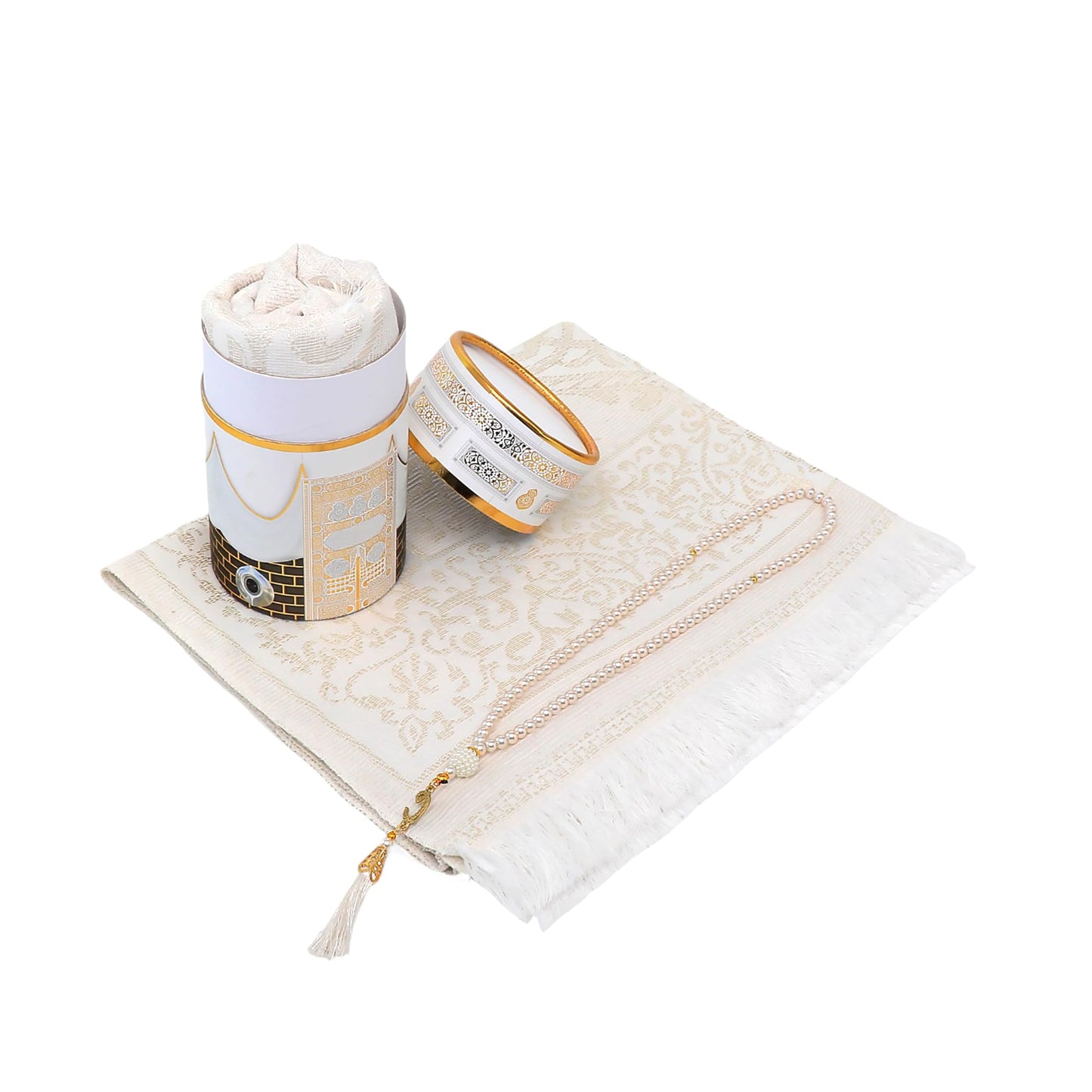 FURKAN Muslim Prayer Rug & Beads Set with Stylish Cylinder Gift Box Janamaz Sajadah Prayer Mat Perfect Islamic Spiritual Gift for Ramadan Islamic, Cylinder Gift Box - Model 2 - White