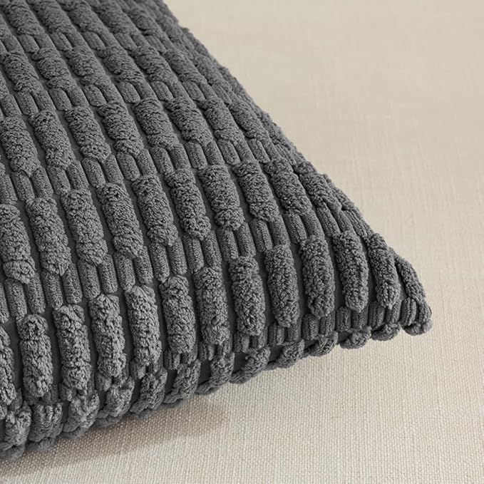 Fancy Homi Dark Grey Lumbar Decorative Throw Pillow Covers 12x24 Inch for Living Room Couch Bed Sofa, Rustic Farmhouse Boho Home Decor, Soft Striped Corduroy Rectangle Cushion Case 30x60 cm