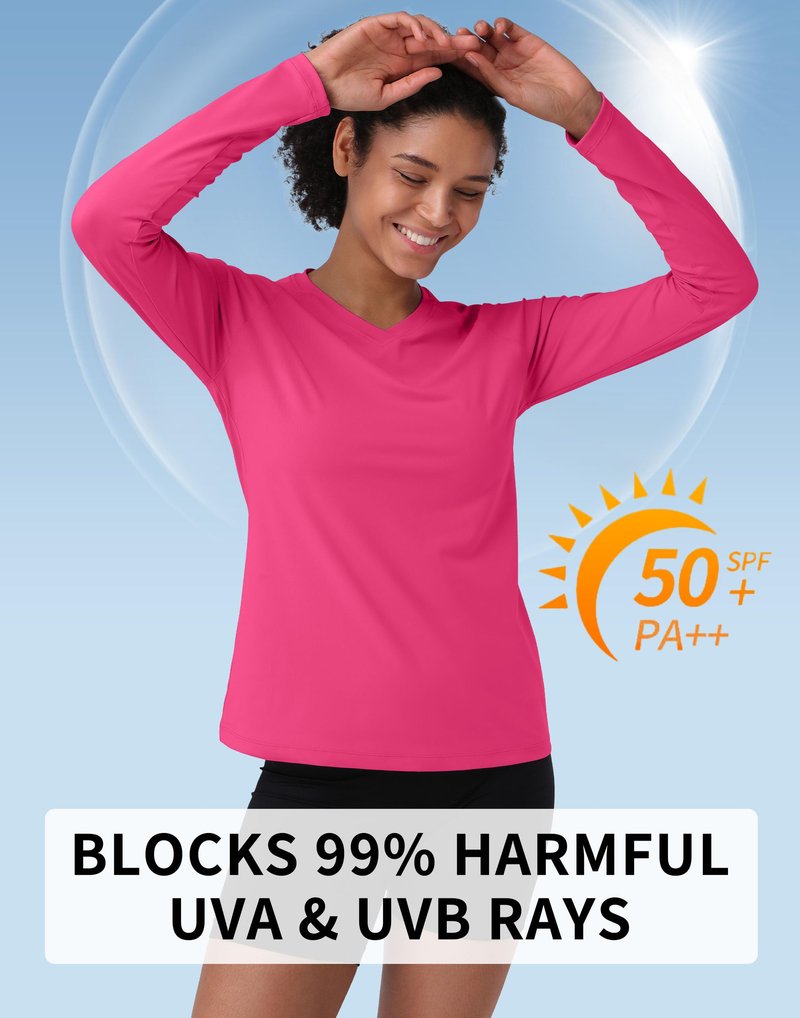 Pioneer Camp Women's UV Sun Protection SPF Shirt V Neck UPF 50+ Long Sleeve Workout Tops Quick Dry Rash Guard Hiking Running Rose Pink