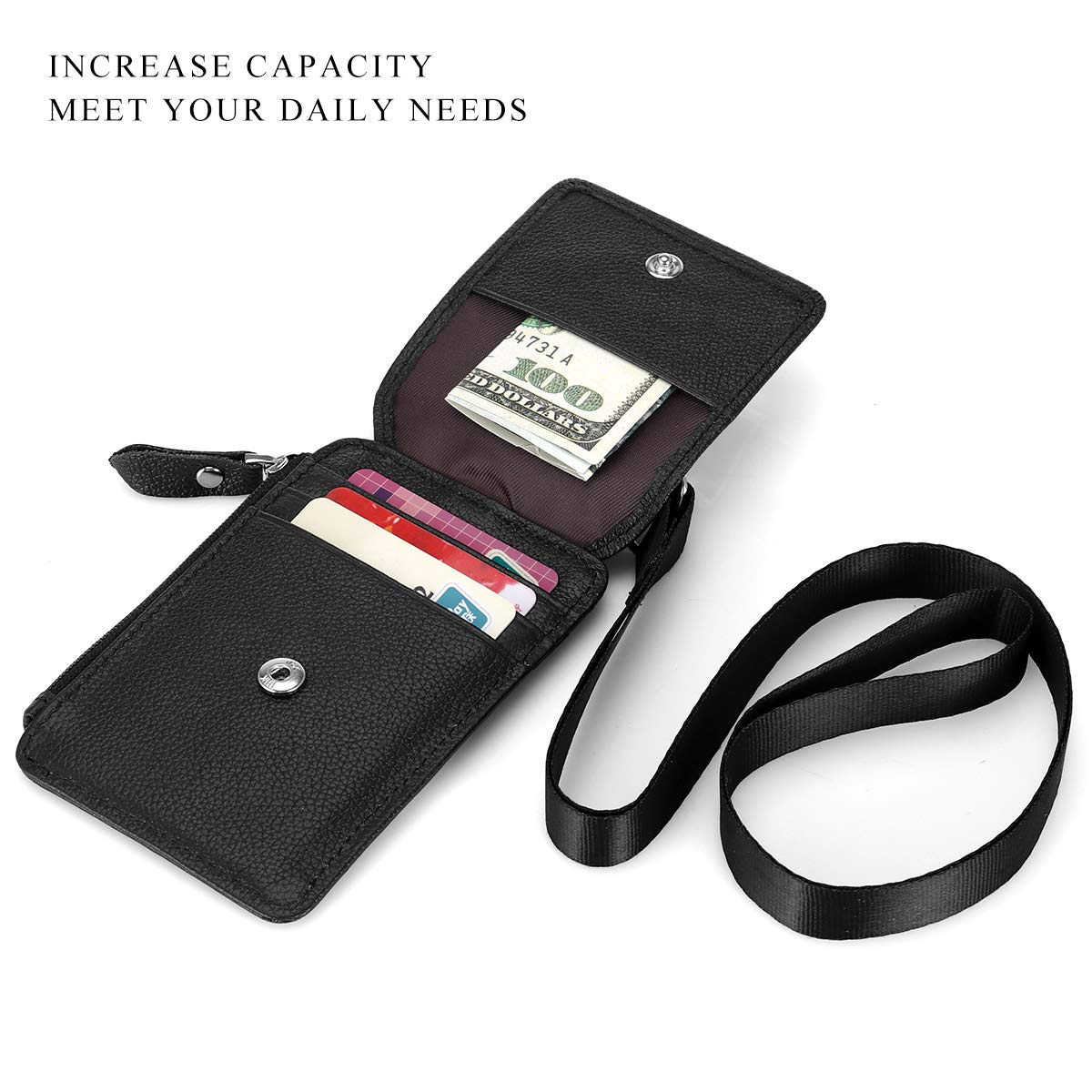 HAWEE Badge Holder with Zipper Genuine Leather RFID Keychain Wallet Neck Lanyards with Swivel Hook for Card/Coin/Cash, Black