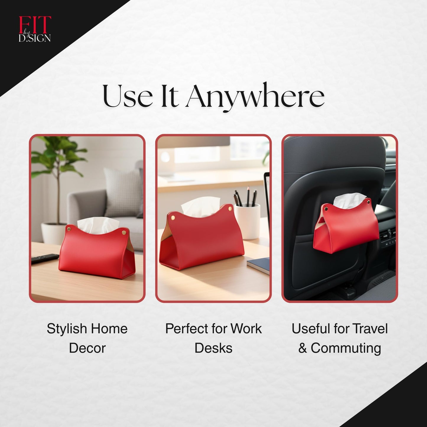 Fit By D.Sign Premium Travel Tissue Holder, Car Tissue Dispenser & Car Napkin Dispenser, Portable PU Leather Pouch for Desk, Auto or Home and Travel Use Everyday Convenience (Red)