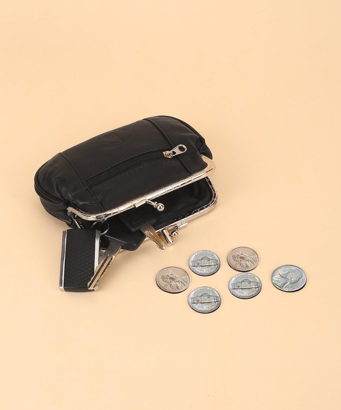 Leatherboss Genuine Leather Large Coin Purse Double Frame Wallet With Zipper Pocket, Black