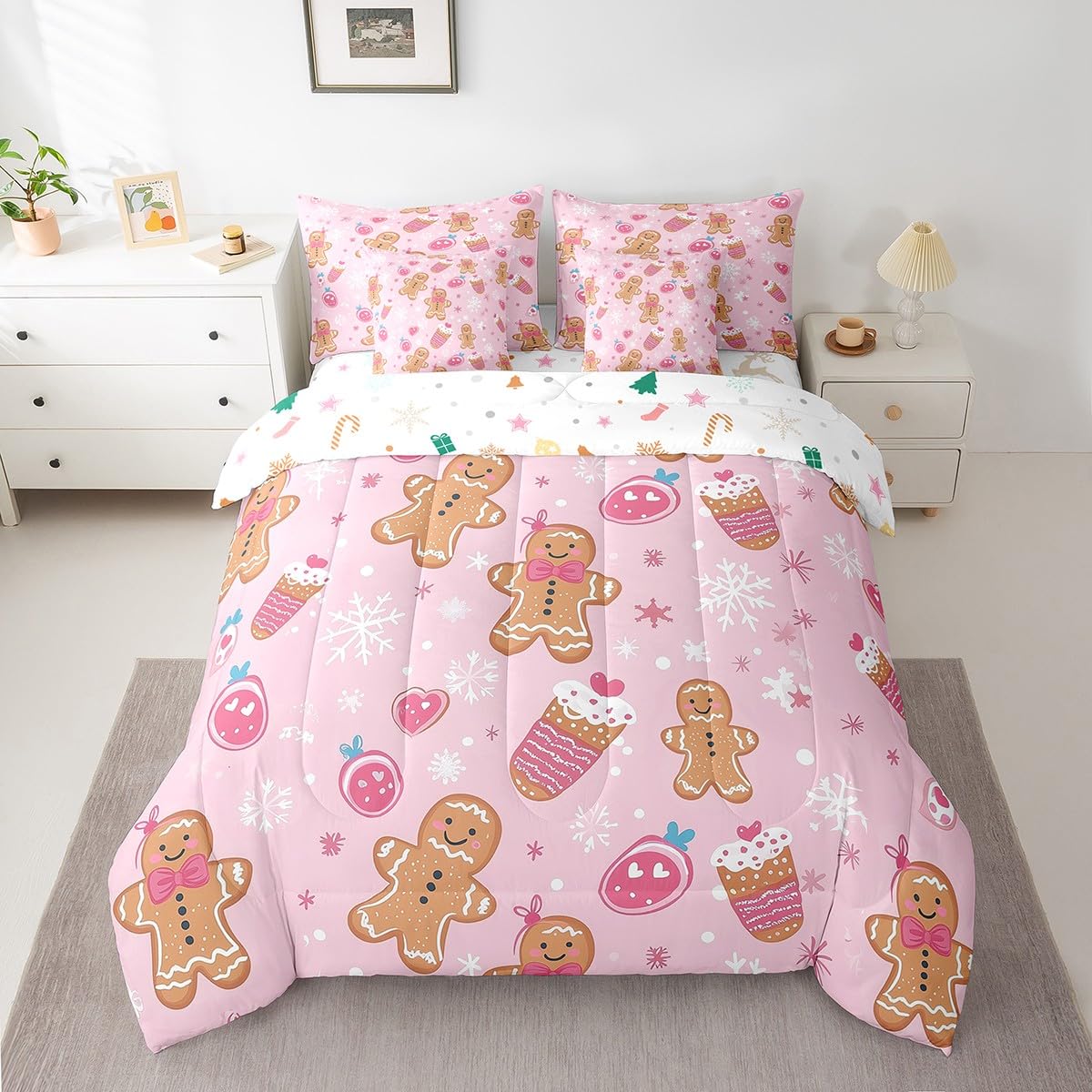 Gingerbread Man Queen Comforter Set with Sheets Bed in a Bag 7 Pcs,Watercolor Strawberry Bowknot Bed Set,Dreamy Snowflakes Bedding Sets with Comforter,Flat,Fitted Sheet,Pillowcases,Pillow Covers