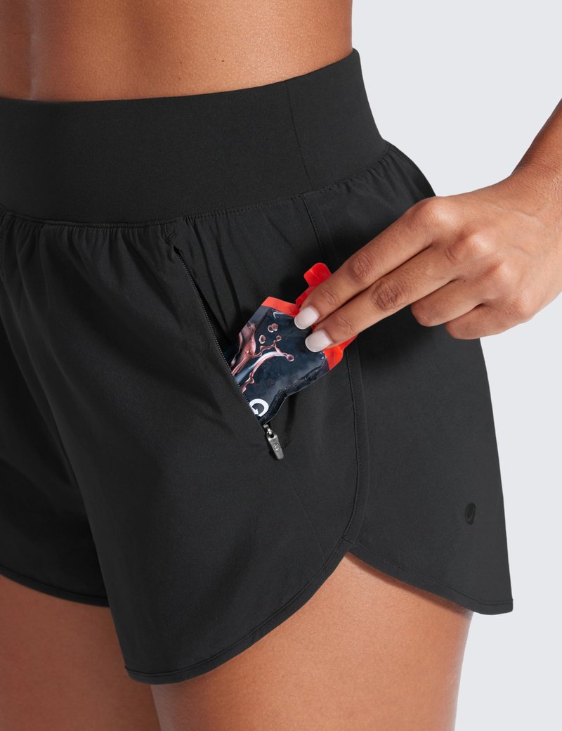 CRZ YOGA Dolphin Flat Waist Athletic Shorts for Women 3" - High Rise Quick Dry for Running Workout Gym Track with Zip Pockets Black Large
