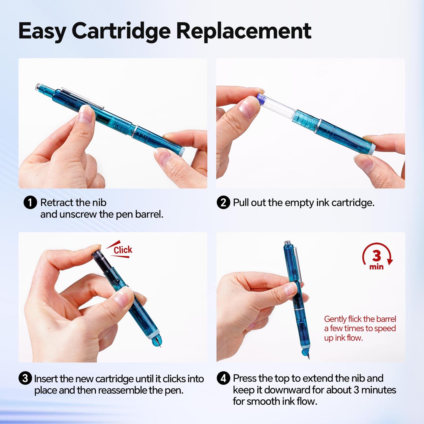 WRITECH Clictek Fountain Pen Set: Retractable Style Blue Ink Medium Nib Transparent Barrel, Includes 5 Ink Cartridges for Gift Set, Smooth Writing No Leaking
