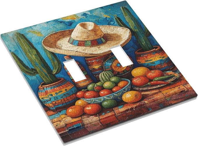 Decorative Art Light Switch Covers Mexican Sombrero & Serape Vibes 2 Gang Double Toggle Wall Plate Decorative Switchcover Electrical Switchplate for Home Decor