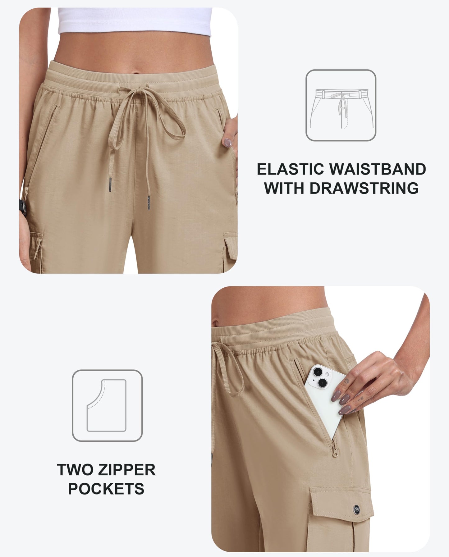 MoFiz Women's Hiking Cargo Shorts Quick Dry Lightweight Summer Shorts for Women Travel Athletic with Zipper Pockets Khaki L