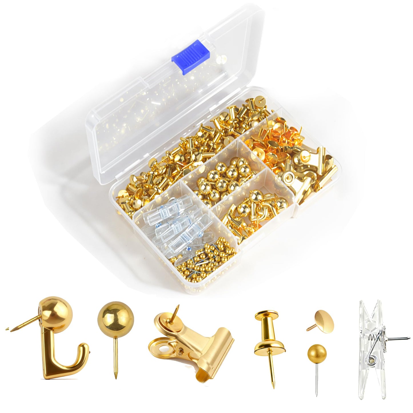 400 Pcs Gold Push Pins Set,7 Styles Push pins, Pin Tacks,Decorative Thumb Tacks for Cork Board,Bulletin Boards Home Office Accessories
