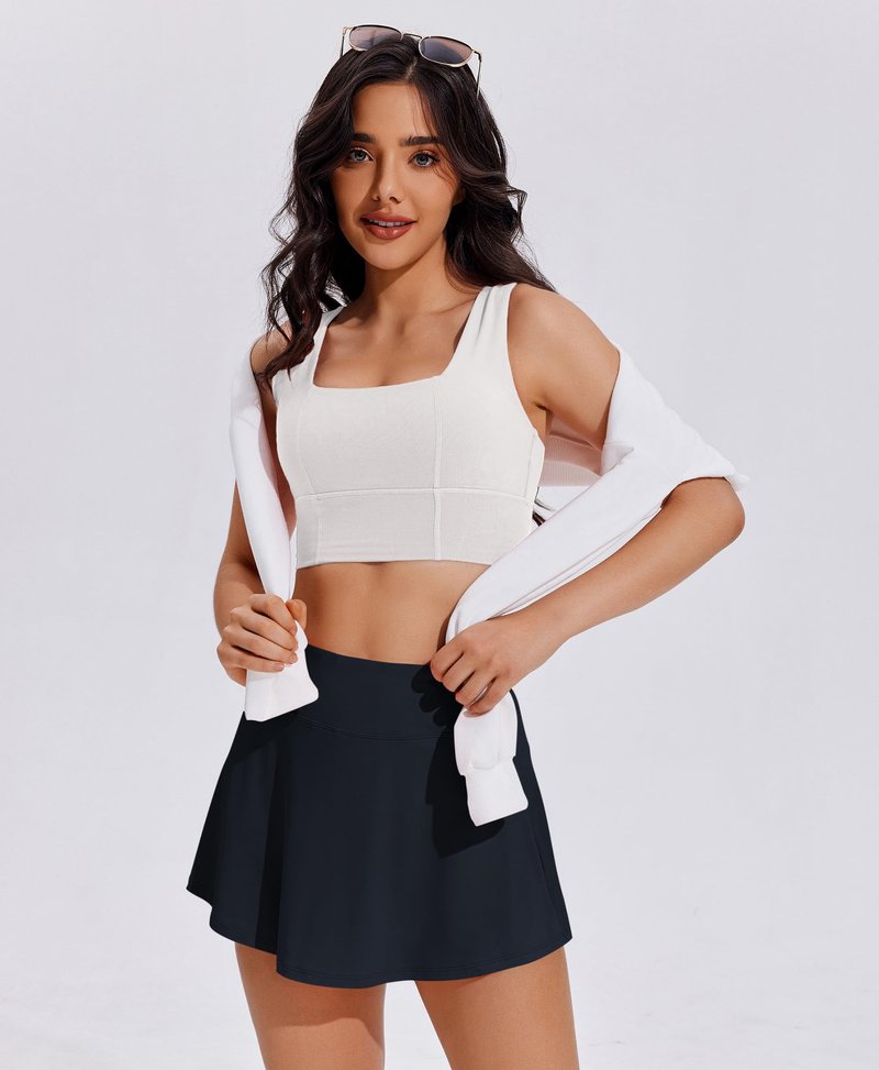 PINSPARK Womens Tennis Skirt High Waisted Golf Skirts with Shorts Underneath Quick Dry Workout Skort Flowy Athletic Skorts, Dark Navy Small
