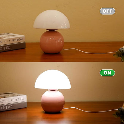 Small Mushroom Lamp,USB-Plug in Bedside Table Lamps with 3-Temperature LED Bulb Dimmable,Unique Cute Aesthetic Home Decor for Living Room,Bedroom, Modern Ceramic Base Glass Lamp(Pink)