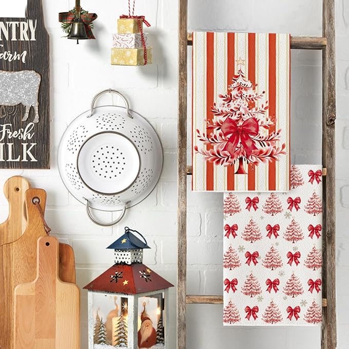 Artoid Mode Red Porcelain Ornaments Xmas Tree Christmas Kitchen Towels Dish Towels, 18x26 Inch Farmhouse Holiday Winter Decoration Cleaning Set of 4