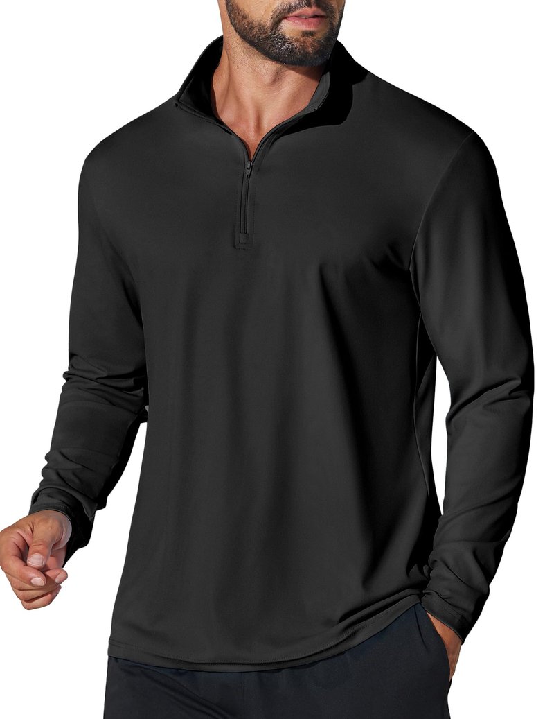 COOFANDY Mens Quarter Zip Pullover Athletic Shirt Long Sleeve Sun Protection Shirt Golf Zip Up Lightweight T Shirts for Man Black
