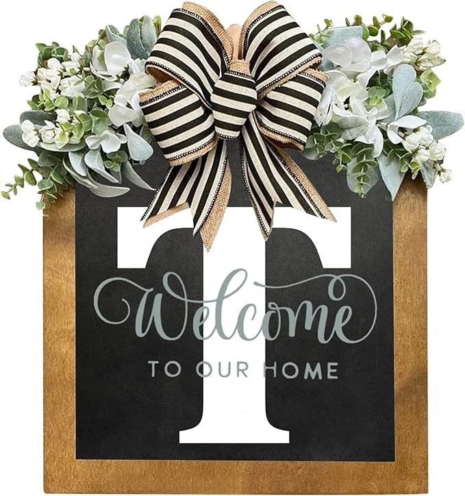 16'' Personalized Last Name Welcome Sign, Door Wreaths for Front Door Outside, Spring Wreath for Front Door Decor, Farmhouse New Home Gifts for Home (T)