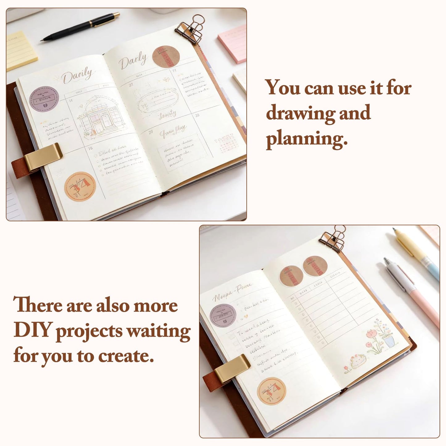 BEIZMHBO Refillable Travelers Notebook with Pockets, Handmade Travel Diary with Pen Holder & Vintage Stickers, Brown Leather Journal with 4 Notebook Inserts for Men Women Traveler Writing, 8.3" x 4.7"