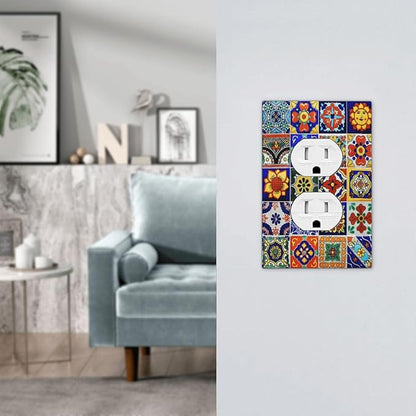 Traditional Colorful Talavera Mexican Spanish Moroccan Tiles 1 Gang Duplex Receptacle Switch Wall Plate Decorative Switchplate Outlet Covers Electrical Plug Cover Faceplate for Home Decor