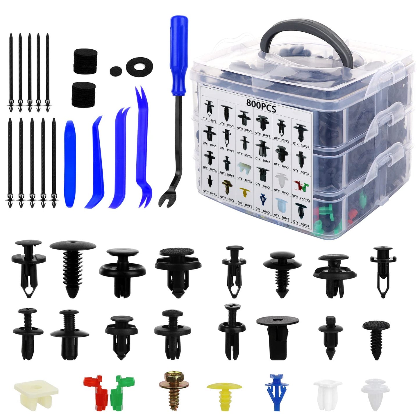 835 PCS Car Push Retainer Clips and Plastic Fasteners Kit - 24 Sizes Nylon Bumper Fender Clips Plastic Rivets with Fasteners Removal Tool for Toyota GM Ford Honda Acura Chrysler Blue
