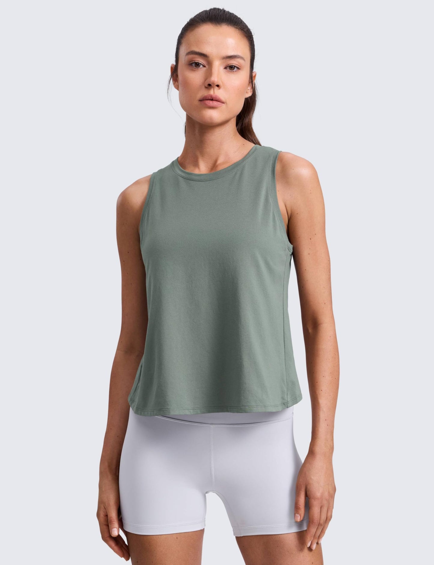 CRZ YOGA Cotton-Blend Split Open Back Tank Tops for Women - Workout Athletic Gym Casual Crewneck Sleeveless Shirts Grey Sage Medium