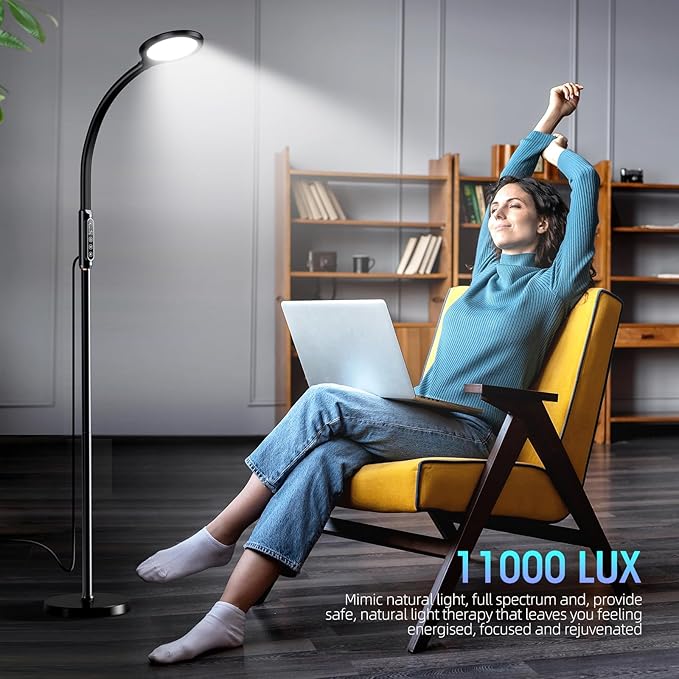 Happy Light Therapy lamp 11000 Lux, LED UV-Free Sunlight lamp,Full Spectrum Happy Therapy lamp with 10 Adjustable Brightness Levels, 2 in 1 Retractable Floor Sad Lamp (Black)