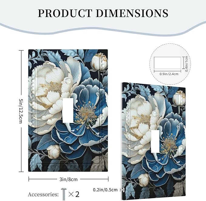 White Blue Flower Peonies Light Switch Covers 1 Gang Single Toggle Wall Plate Decorative Switchcover Electrical Switchplate for Country Living Decor
