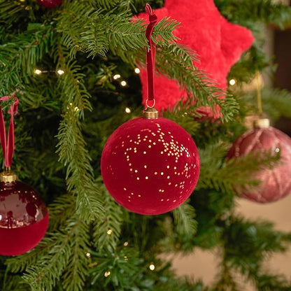 DN DECONATION 4PCS Christmas Ball Ornaments, Shatterproof Red Balls Ornaments for Christmas Tree, 4” Velvet Plastic Decorations with Ribbons, Farmhouse Holiday Decor Xmas Gifts Winter