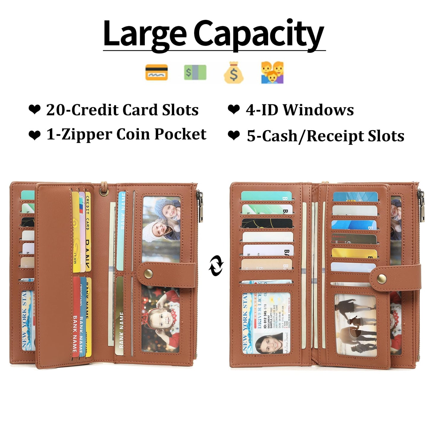 GAEKEAO Wallets for Women Leather RFID Blocking Large Capacity Card Case Ladies Wristlet Clutch Wallets Zipper Pocket with 4 ID Windows 21 Card Slots