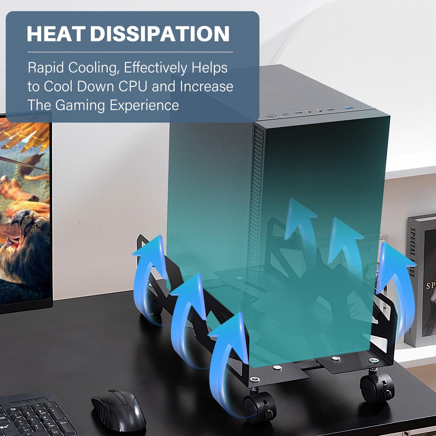 Hovadova Adjustable Computer Tower Stand, Ventilated PC Tower Stand with 4 Caster Wheels,Mobile Under Desk CPU Holder, PC Cart, Computer Riser for Most Gamers and Students