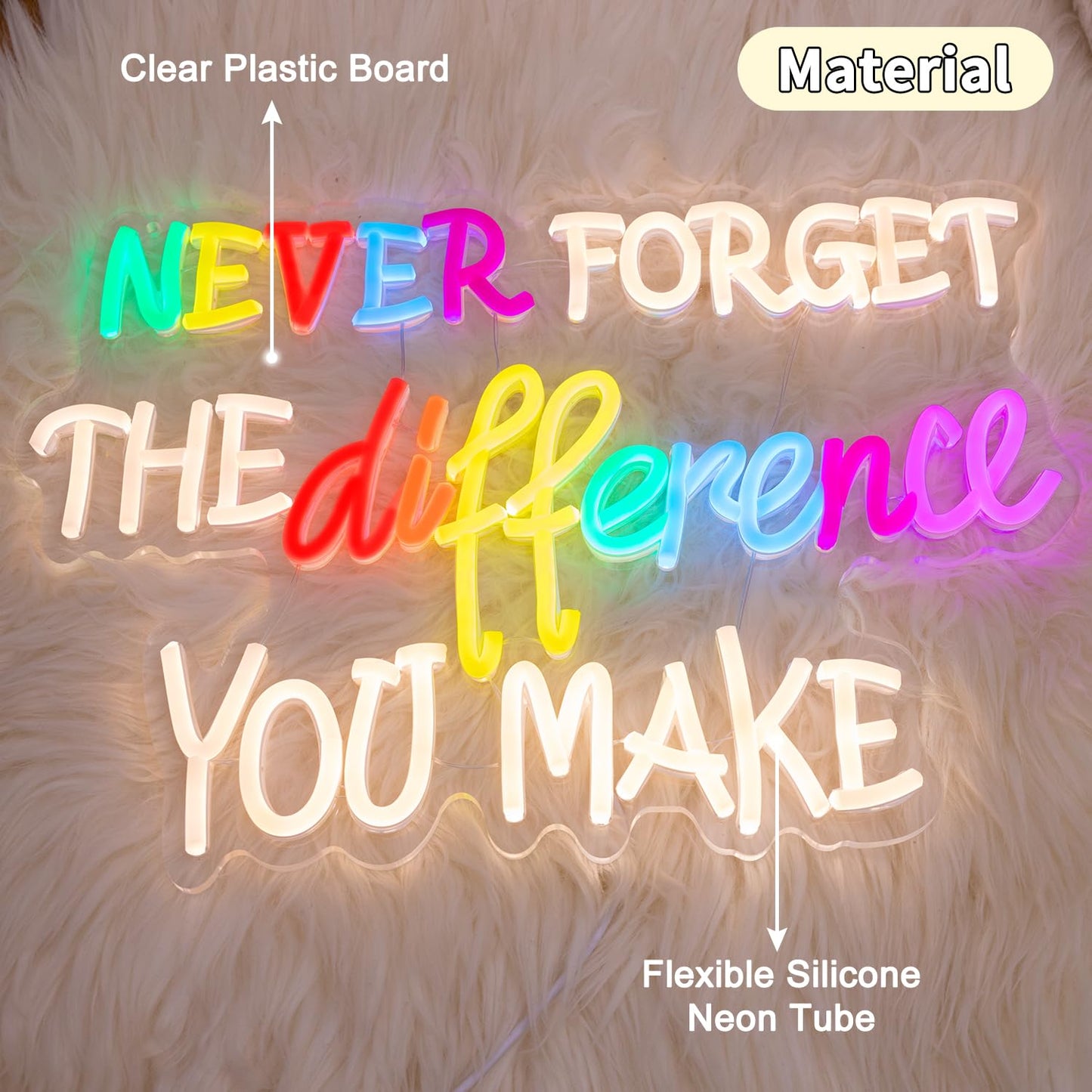 Never Forget The Difference You Make Neon Sign, Dimmable LED Neon Signs for Wall Decor, USB Powered Neon Light Sign Wall Art for Bedroom Christmas Party Classroom Decoration 16.14 x 11.81"