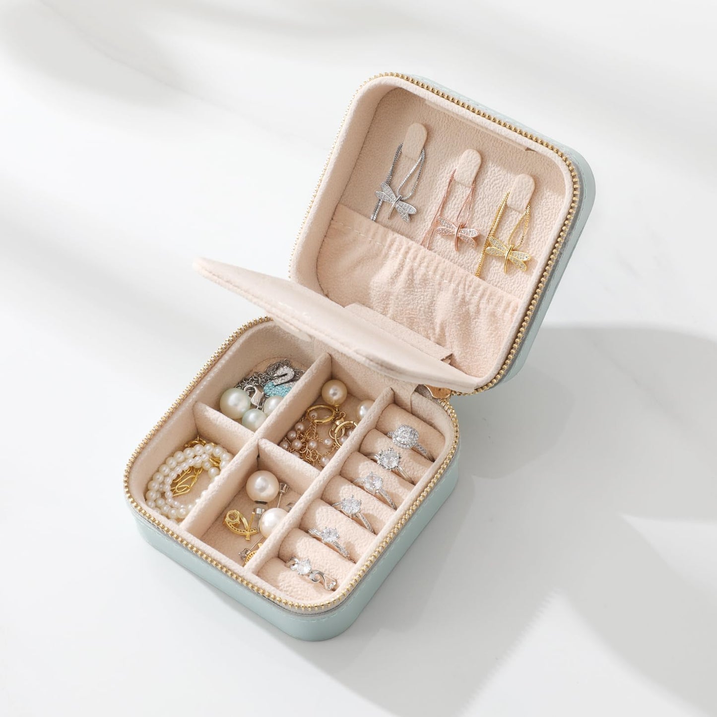 NGVRC Genuine Leather Travel Jewelry Case Organizer with Mirror for Women, Small Jewelry Box Portable Mini Jewelry Case for Earring, Ring, Necklace, Bracelet（Lychee Grain Black）