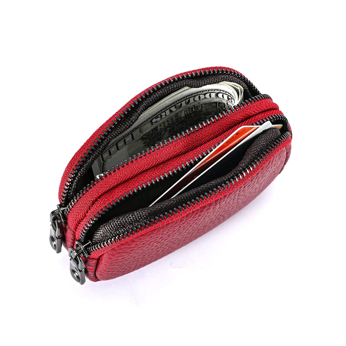 Yocipa Genuine Leather Coin Purse for Women Small Double Zipper Wallet Mini Change Pouch with Bee Charm for Cash Cards Keys Cute Compact Organizer (Wine Red)