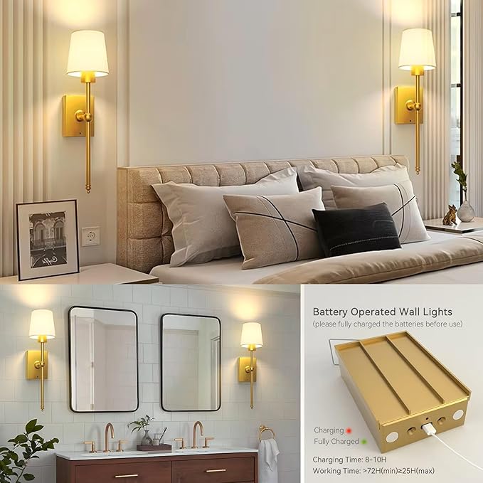 Upgrade Battery-Operated Wall Sconces Set of 2 pieces: Rechargeable Wall Lights 8000mAh with Remote Control, Gold Wireless Battery Powered Wall Lamp Wall Scone for Living Room Bedroom Hallway Bathroom