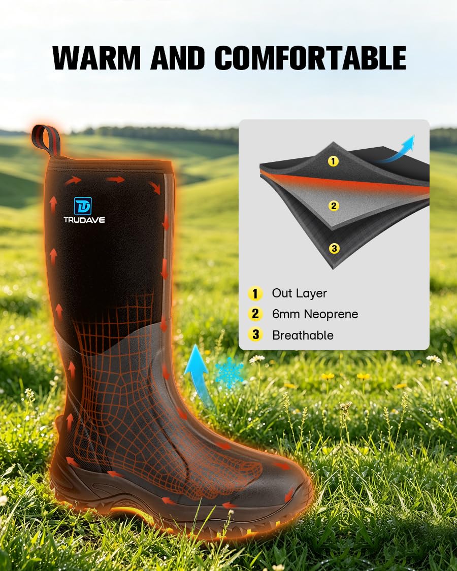 Rubber Boots for Men & Women with Steel Shank, Reliable 6mm Neoprene Waterproof Insulated Rain Boots, Warm Anti-slip High Traction Multi-season Dry Mud Boot for Outdoor Work Hunting, Size 5