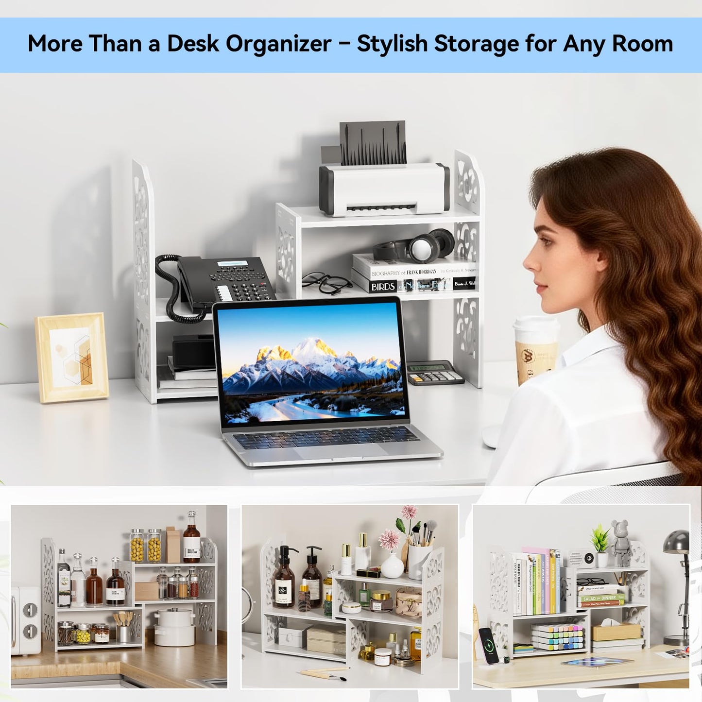 YGYQZ Desk Shelf for Top of Desk - Adjustable Desktop Organizer Shelf, Small Table Top Shelves & Desktop Shelves for Office Organization, Waterproof Bookshelf for Desk & Bathroom, White