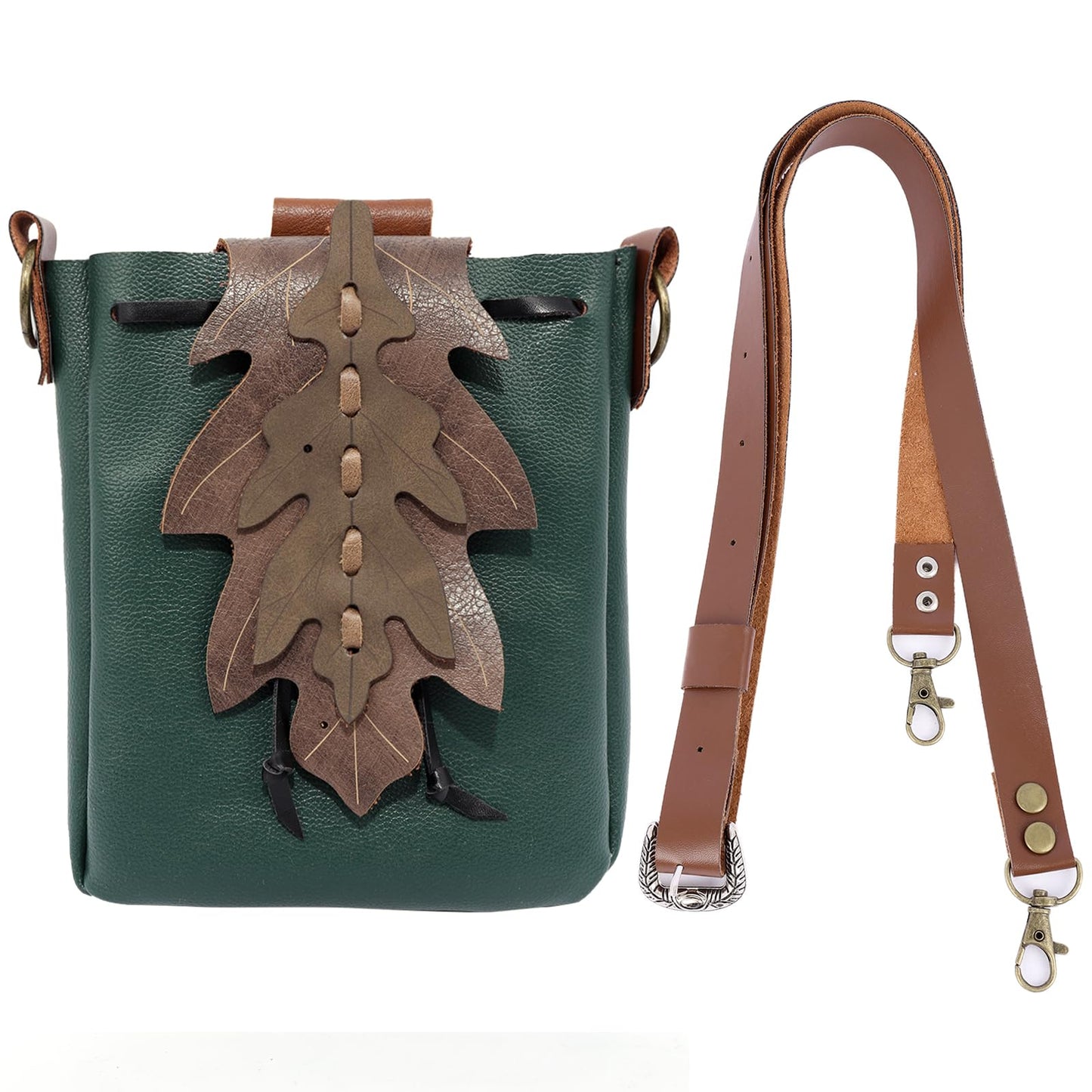 PROCOS Medieval Drawstring Faux Leather Shoulder Bag & Belt Pouch Renaissance Vintage Waist Pack Halloween Fairy ELF Cosplay (Green)