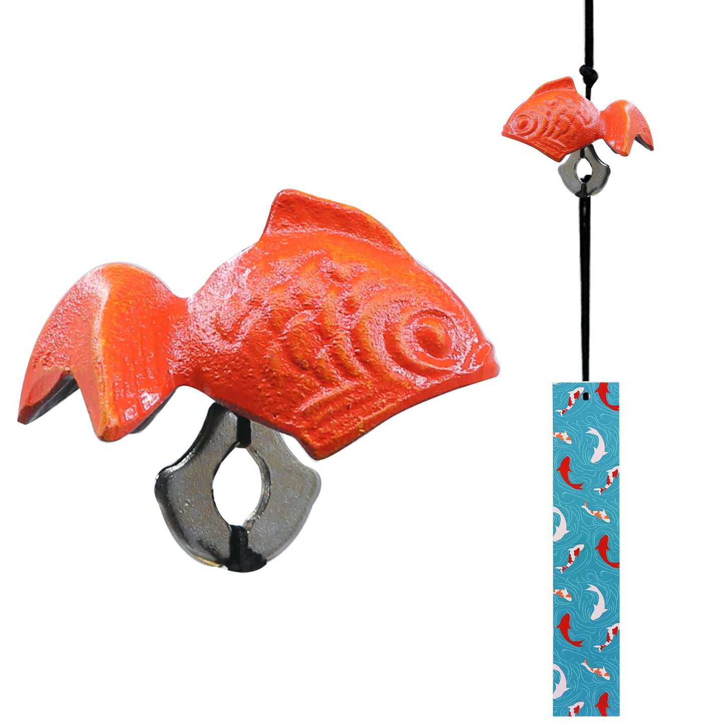 A.F.N.A.L Japanese Wind Chime Cast-Iron Outdoor Ornament for Garden, Patio & Balcony, Hanging Metal Wind-Bell Decoration Gift, Blessing Pendant Windchimes & PVC Wind-Catcher, Goldfish - Red