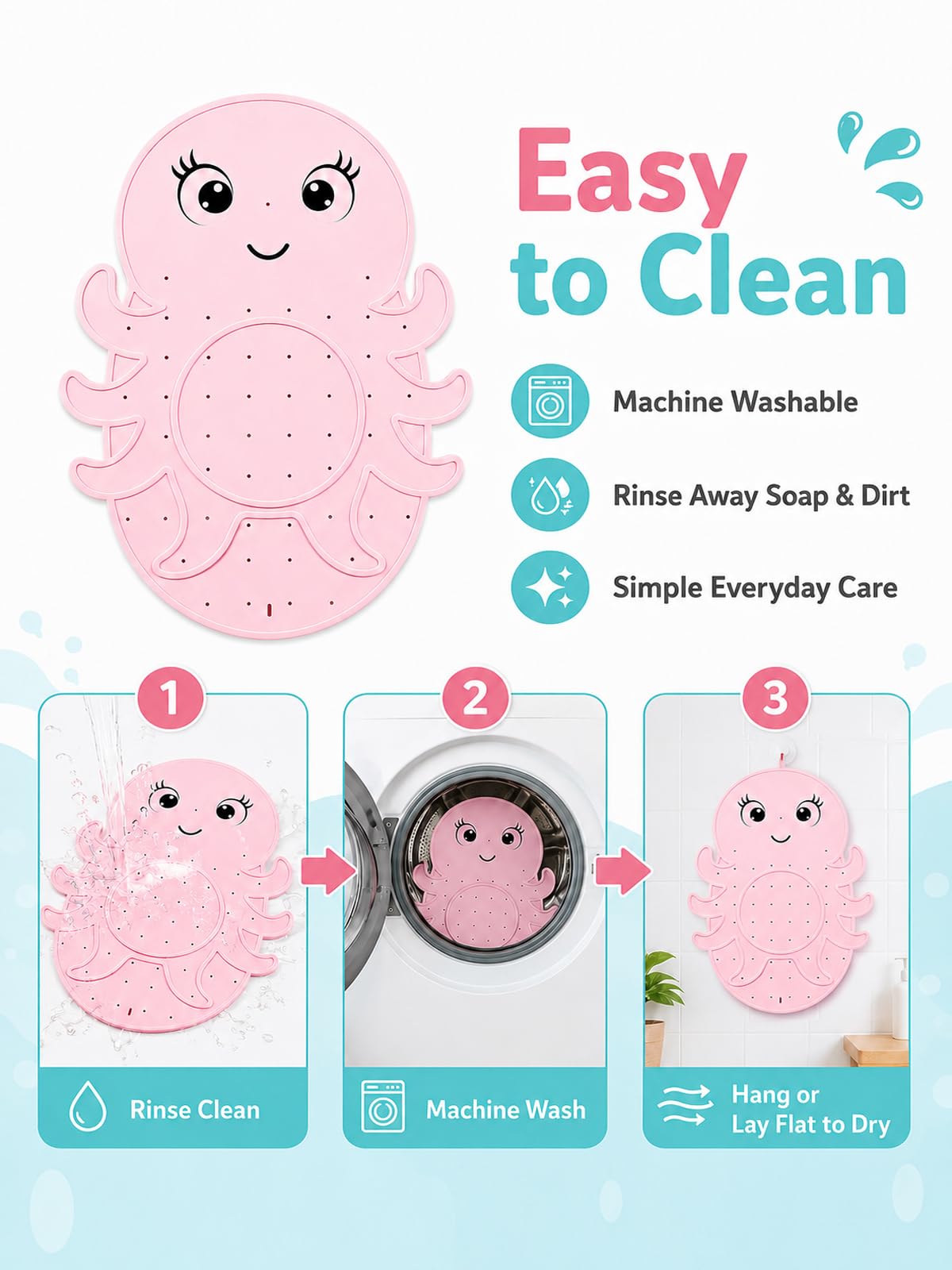 Zuplo Kids Bathtub Mat Non Slip, Soft Silicone Octopus Baby Bath Mat for Tub, Toddler Bath Mat with Large Suction Cups, Washable Anti Slip Shower Mat for Children, Smooth Tub Surface Only