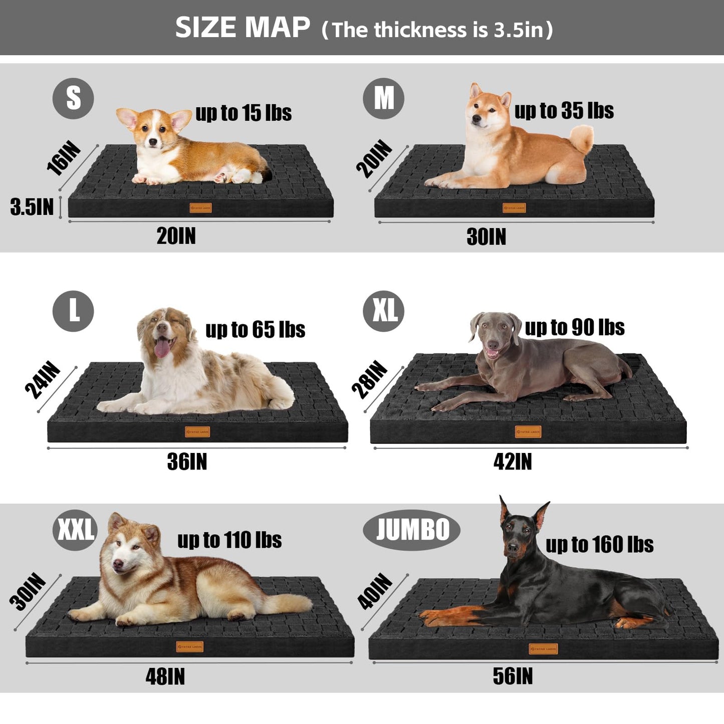 Patas Lague Orthopedic Dog Bed Large Sized Dog 36''X24'', Waterproof Soft Comfortable Egg Crate Foam Large Pet Beds Crate Mat with Removable Washable Cover and Nonskid Bottom, Black