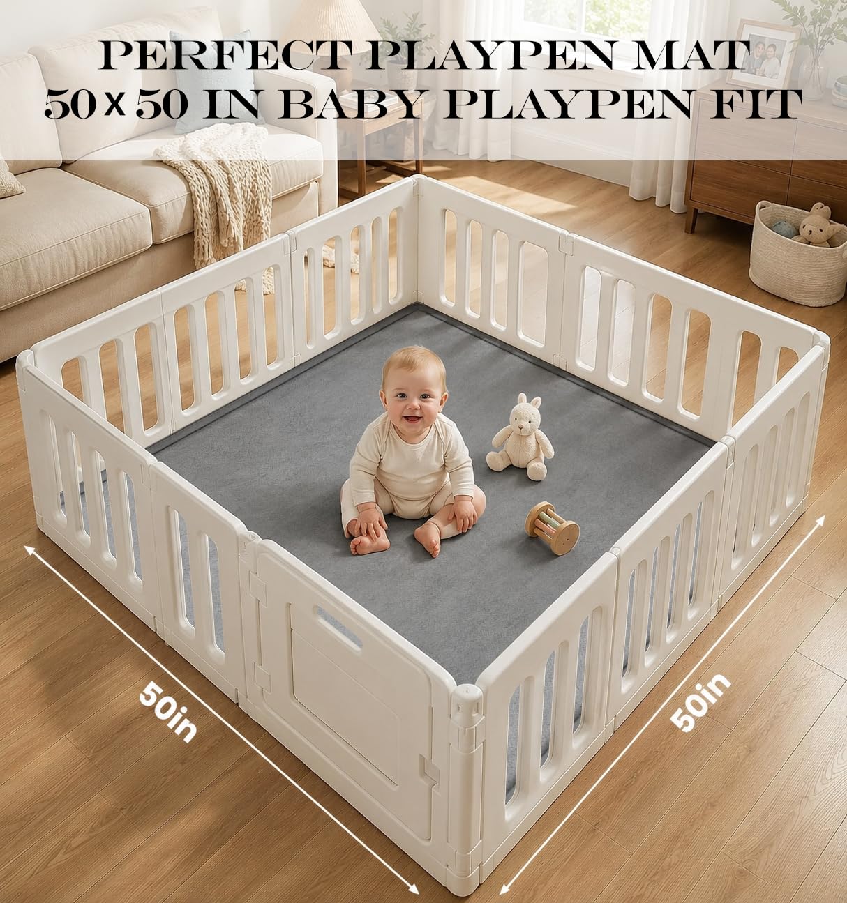 AEOCOO 50x50 Playpen Mat 1.3" Thick Memory Foam Baby Play Mats for Infants Floor Crawling, Toddlers Tummy Time, CloudSoft Velvet Non Slip Cushion, Play Pen, Living Room, Playroom, Tatami Style, Grey