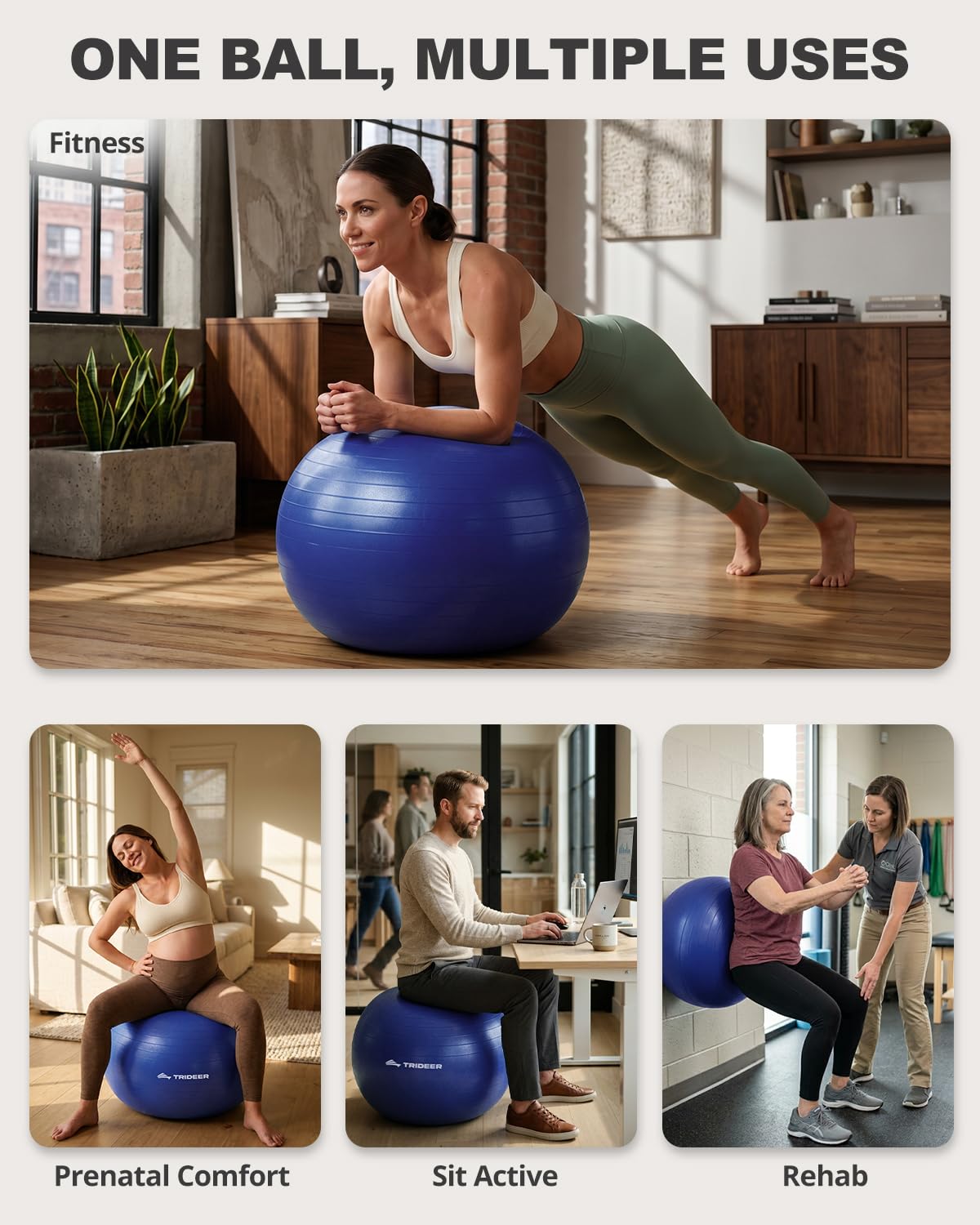 Trideer Exercise Ball for Yoga, Pilates & Fitness – Stability Ball Equipment for Home Gym & Office Chair, Core & Balance Training Accessories, Physical Therapy Equipment, Quick Pump Included, 5 Sizes