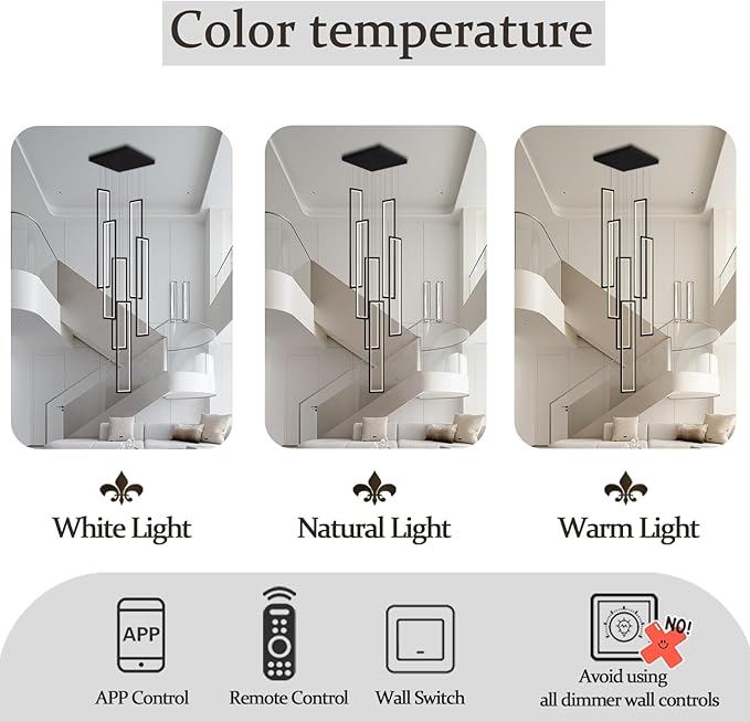 Flashing God Modern Chandelier,Black Chandeliers with 6 Ring Led Foyer Chandelier,Larger High Ceiling Chandeliers for Living Room,Rectangle Chandelier for Entryway Staircase LED Dimming 2700k-6001k