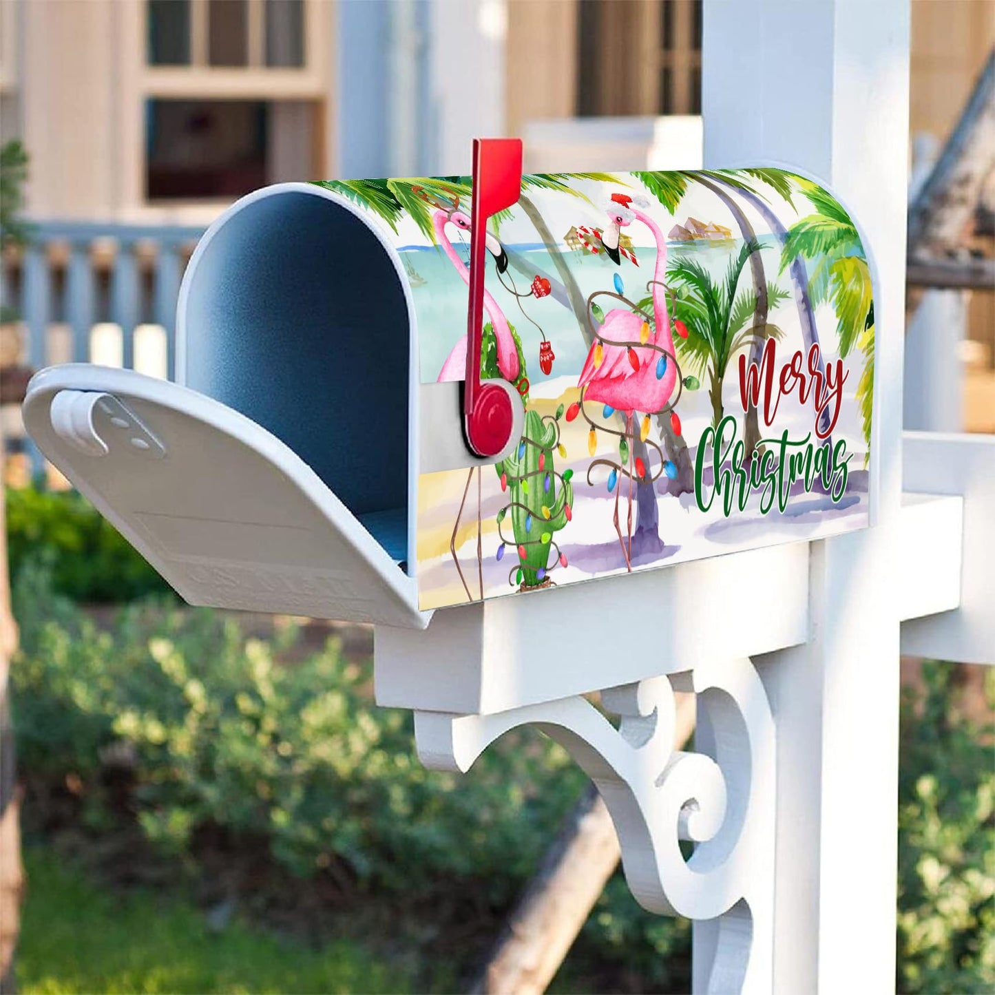 Texupday Merry Christmas Hawaii Beach Flamingo Decoration Mailbox Cover with Magnetic Strip Winter Holiday Mailbox Wraps Post Letter Box Cover Standard Size 21" X 18" for Garden Outdoor Yard Decor