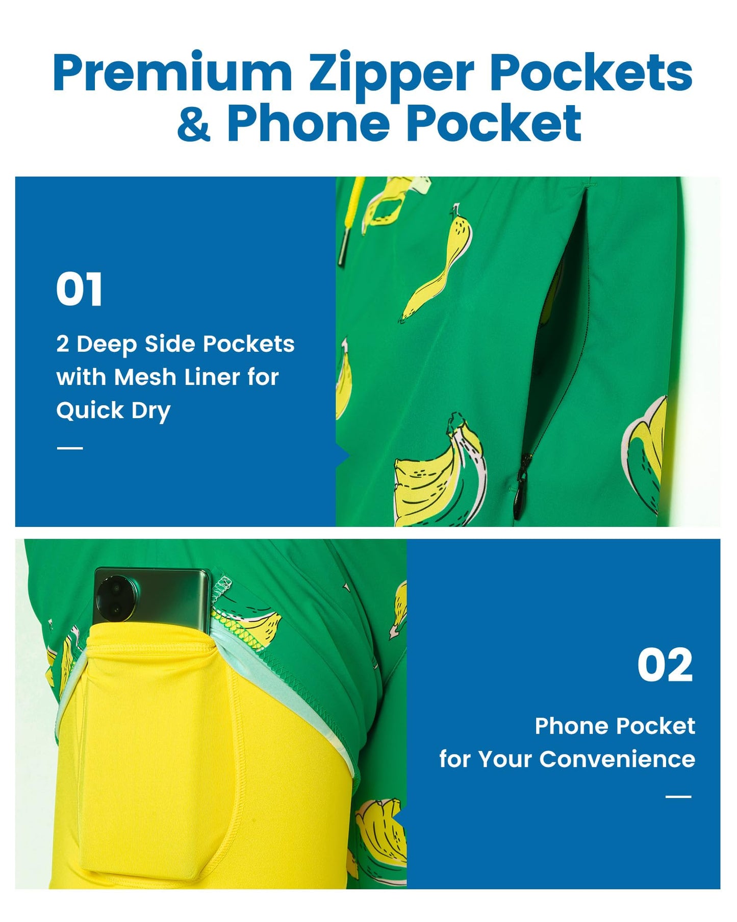 maamgic 2 in 1 Mens Swim Trunks 7 Inch Swim Shorts Swim Suits Board Shorts Falling Banana-Green Large
