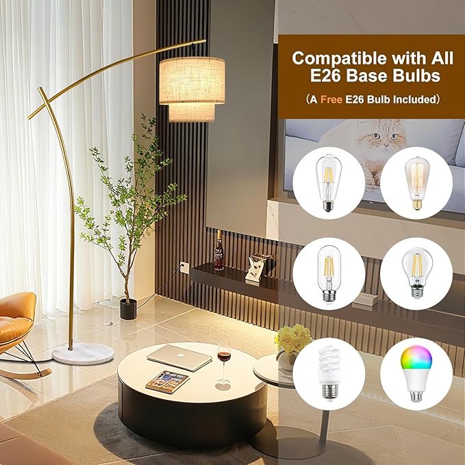 Lightdot Arc Floor Lamp for Living Room, Modern Standing Tall Lamps with Double Linen Lampshade, Tall Hanging Pole Lamp with Stable Metal Base & Foot Switch for Bedroom Home Office-Gold