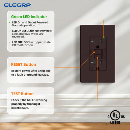 ELEGRP GFCI Outlet 20 Amp, Self-Test GFI Electrical Outlet with Thinner Design, TR Tamper Resistant GFCI Receptacle, Ground Fault Circuit Interrupters with Wall Plate, UL Listed, Brown, 6 Pack