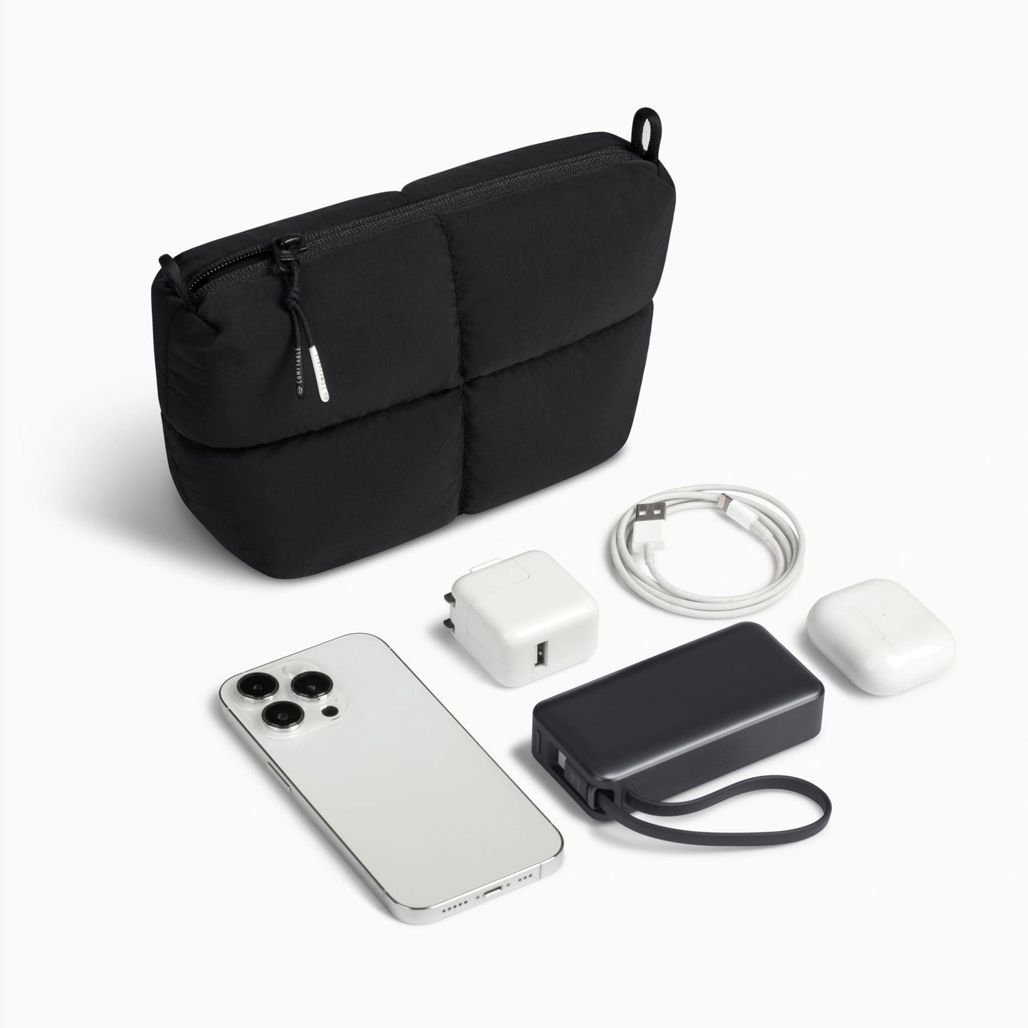 Comfyable Puffy Electronics Organizer Travel Case, Cute Tech Pouch for Women Men, Cable Storage Bag for Charger, Phone, Power Bank, Cord, Compact Tech Accessories Pouch, Black