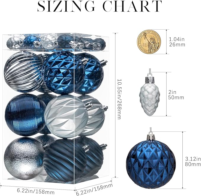 JORNOY Blue and Silver Christmas Tree Ornaments - 3.12inch/80mm Shatterproof Ornaments for Christmas Tree Set Plastic Decorative Hanging Balls Ornaments for Xmas Tree Decorations, 32ct (Blue & Silver)