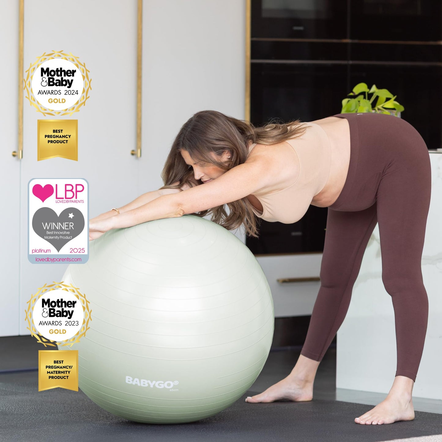 BABYGO Birthing Ball - Pregnancy Yoga Labor & Exercise Ball & Book Set Trimester Targeting, Maternity Physio, Birth & Recovery Plan Included Anti Burst Eco Friendly (Sage, 75cm - Electric)