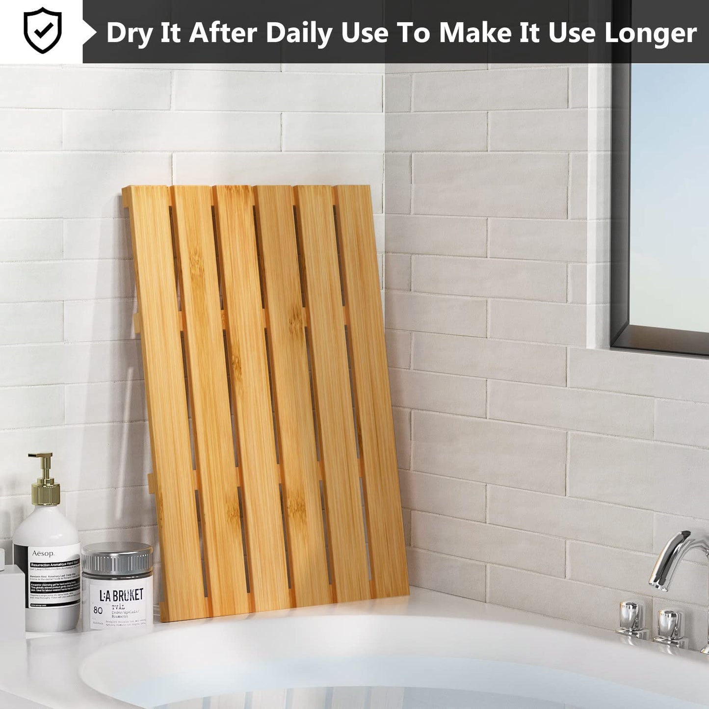 Domax Bamboo Bath Mat - Non Slip Waterproof Wooden Shower Floor Mat for Bathroom, Sauna, Spa, Outdoor Use (Natural, 21.26 x 14.17 x 1.3 Inch)