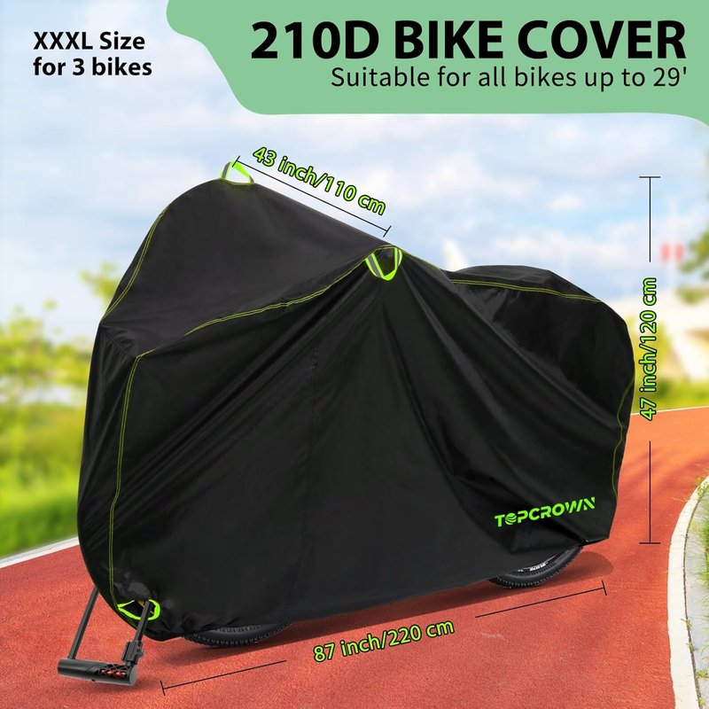 Bike Cover Waterproof - Outdoor Storage for 3 Bikes | UV, Dust & Wind Protection, 210D Black & Green, XXXL Size