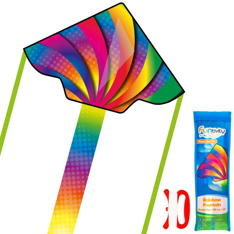 Funtivity Children's Kite Simple Flyer Rainbow Fountain - Ready-to-Fly Single Line with Rainbow Tail - Includes Handle & Cord - Kite from 5 Years - Lightweight Flight Kite for Garden, Park & Beach