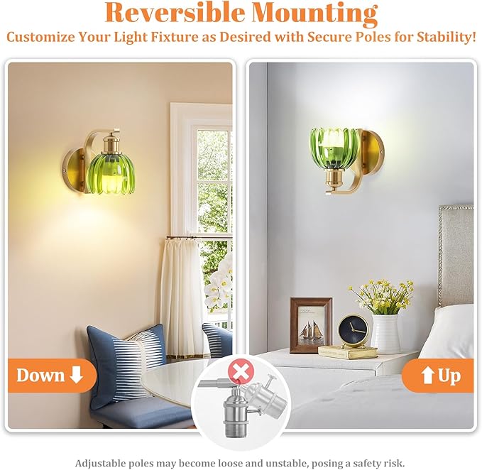 Rechargeable Battery Operated Wall Sconce Set of Two with Green Glass Lampshade, Wireless Battery Powered Wall Lamp with Remote Control, 15 Colors Gold Wall Light for Bedside Hallway Bedroom Doorway